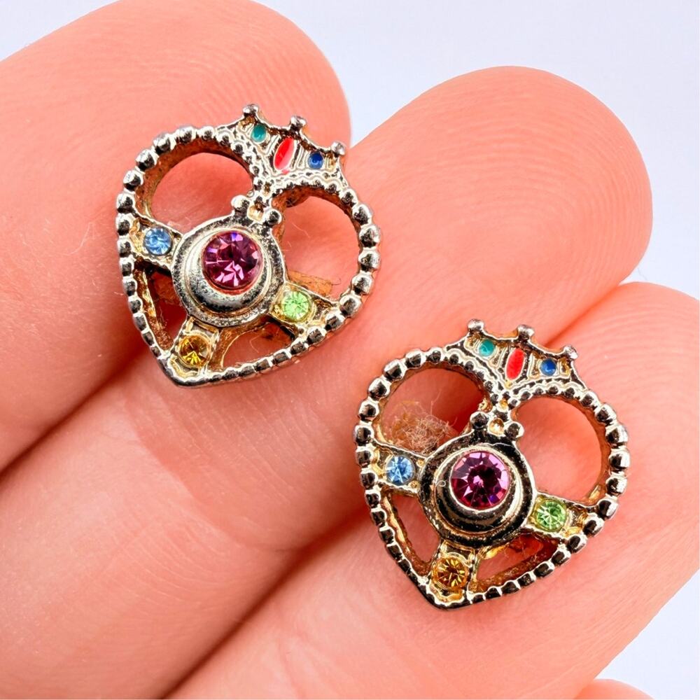 RARE Vintage SAILOR MOON Cosmic Heart Stud Earrings Crystals Gold Tone
